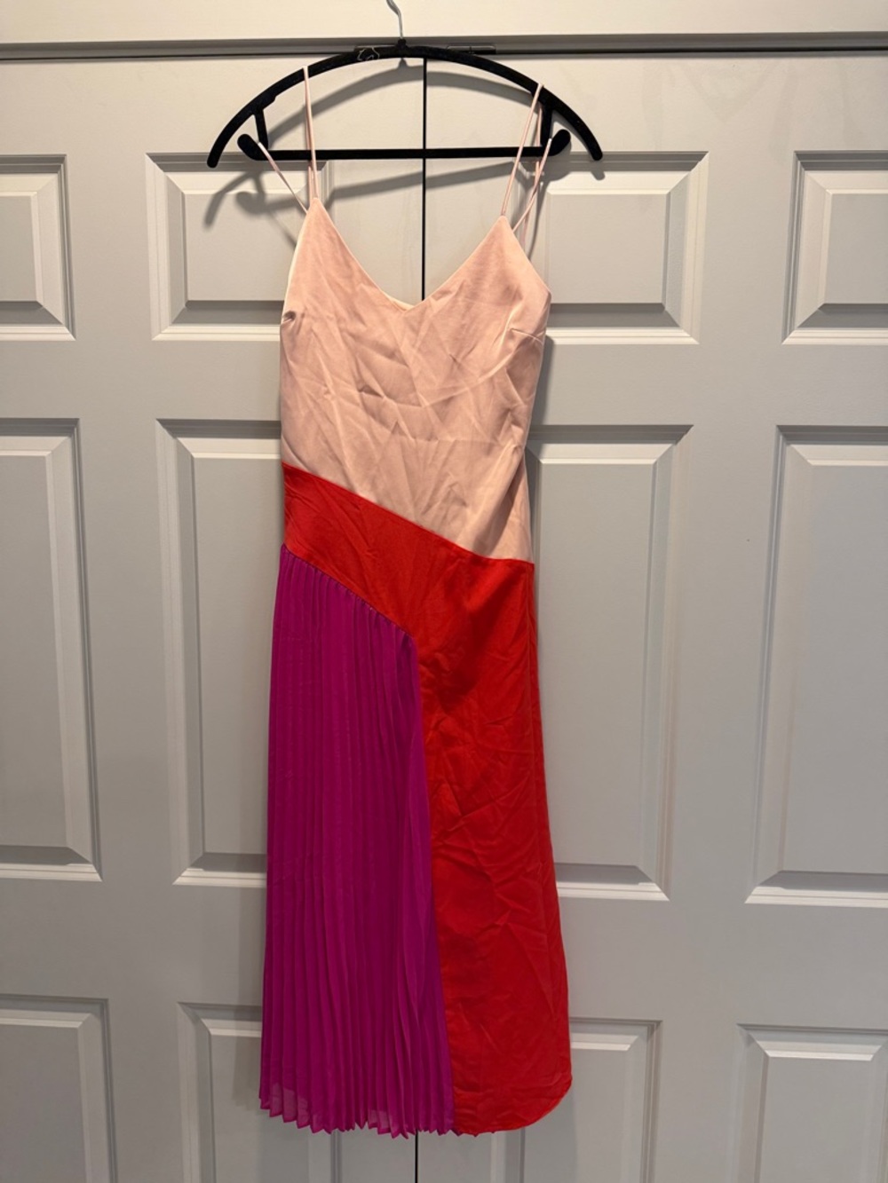 Colorblock Slip Dress with Pleated Skirt - Pink, Red & Magenta